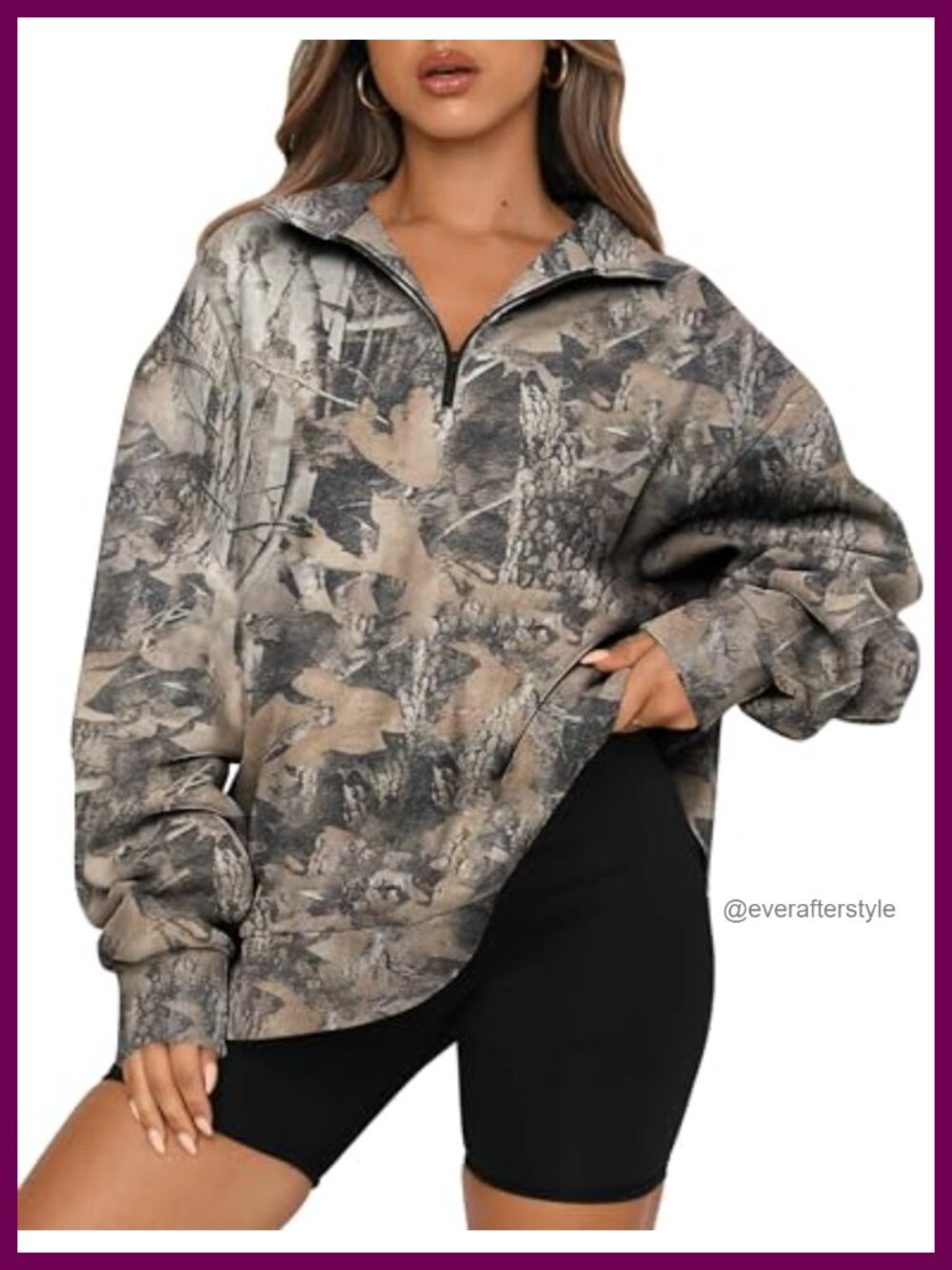 Women's Camo Half Zip Fleece Sweatshirt Oversized Maple Leaf Pullover
